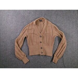 Express Cardigan Womens XS Tan Open Knit Cropped Button Front V Neck Long Sleeve